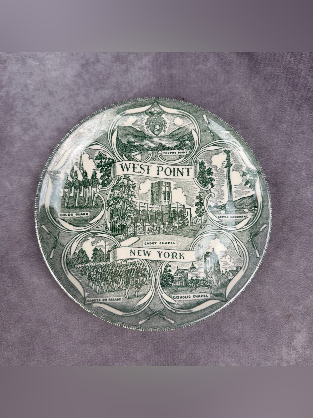 VTG West Point NY USMA 7.5” Souvenir Plate Green Transferware Military